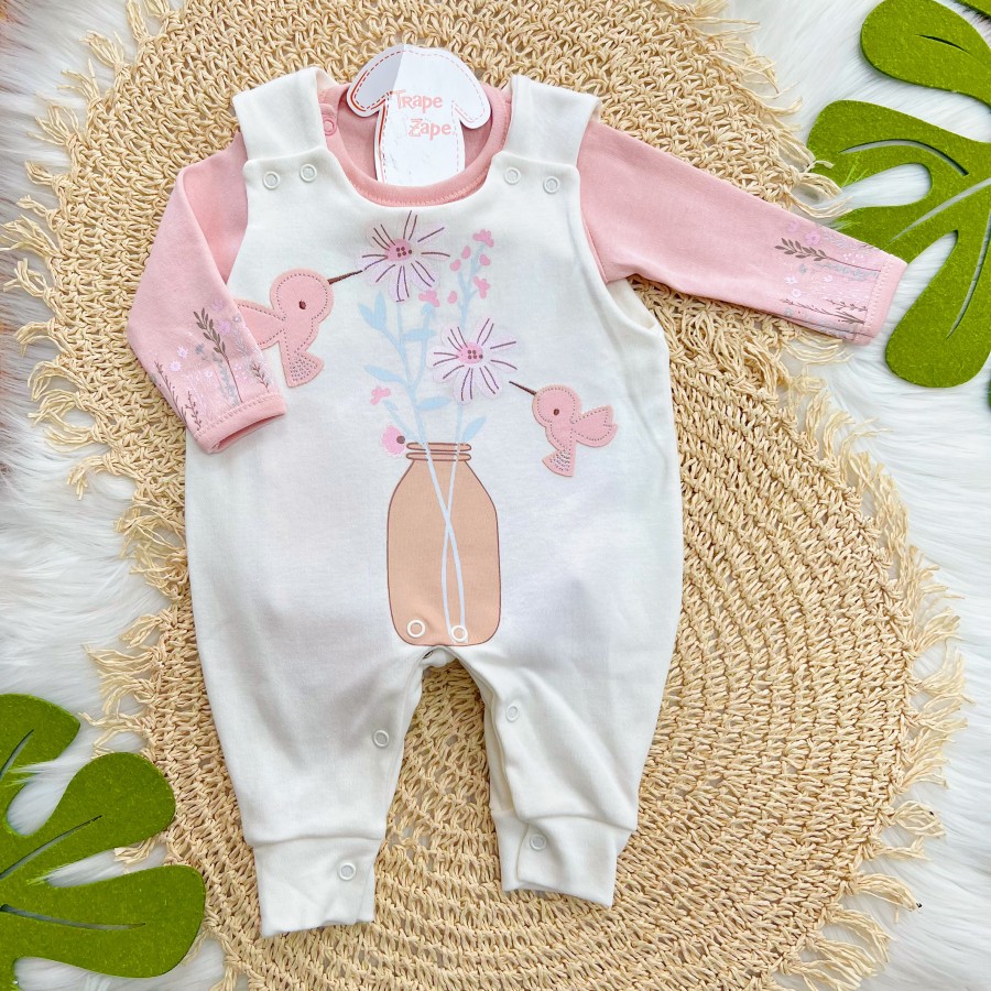 Conj. Body Manga Longa e Jardineira Suedine - Passarinhos - Off White e Rose
